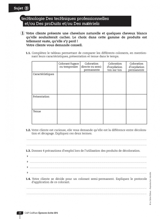 CAP coiffure - Sujets d'entraînement et d'examen Epreuve EP2 Coupe, forme, couleur - Partie écrite. Édition 2015 (PDF)